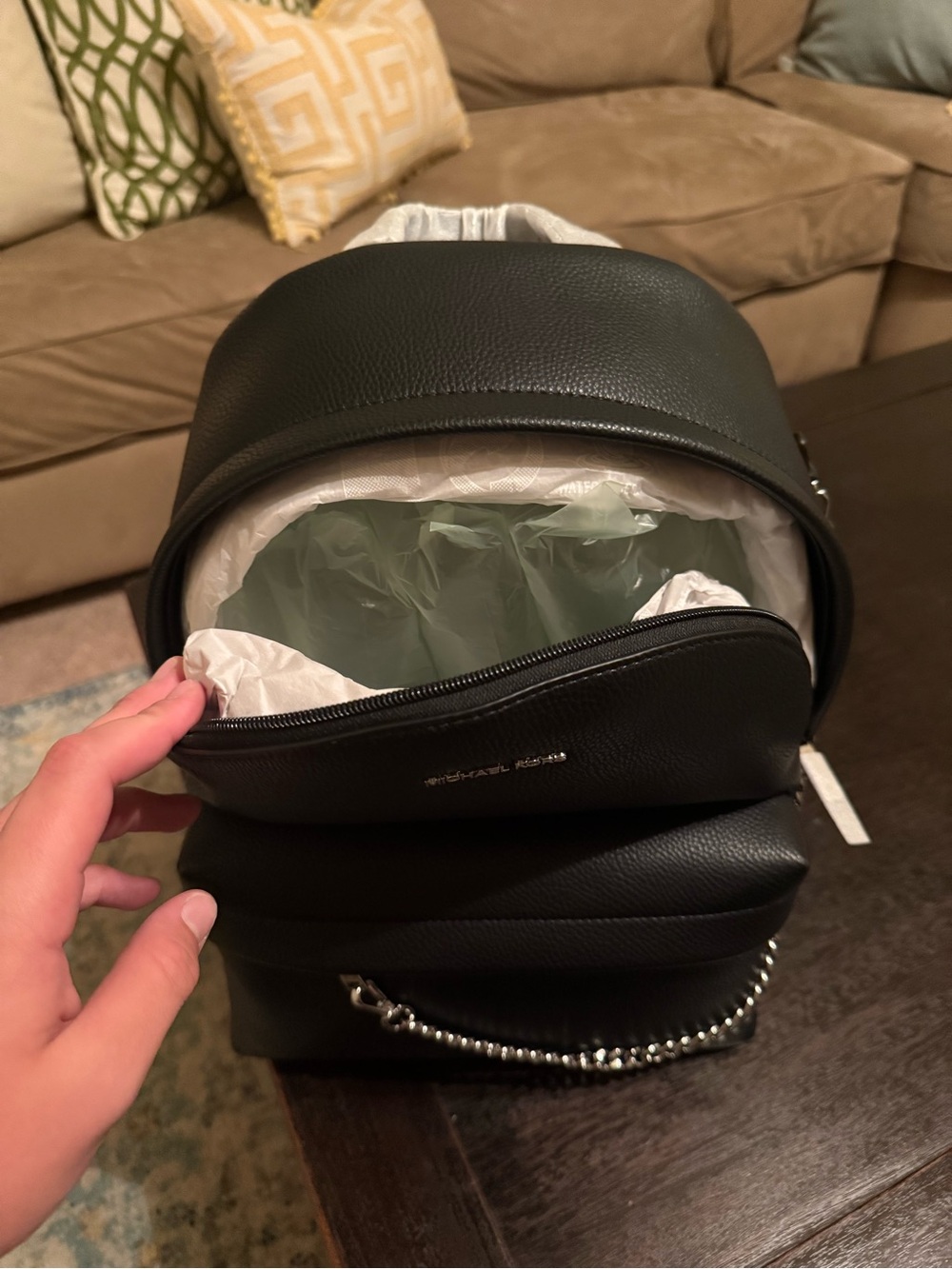 Michael Kors Black Pebbled Leather Backpack with Chain Accent - Picture 5 of 7